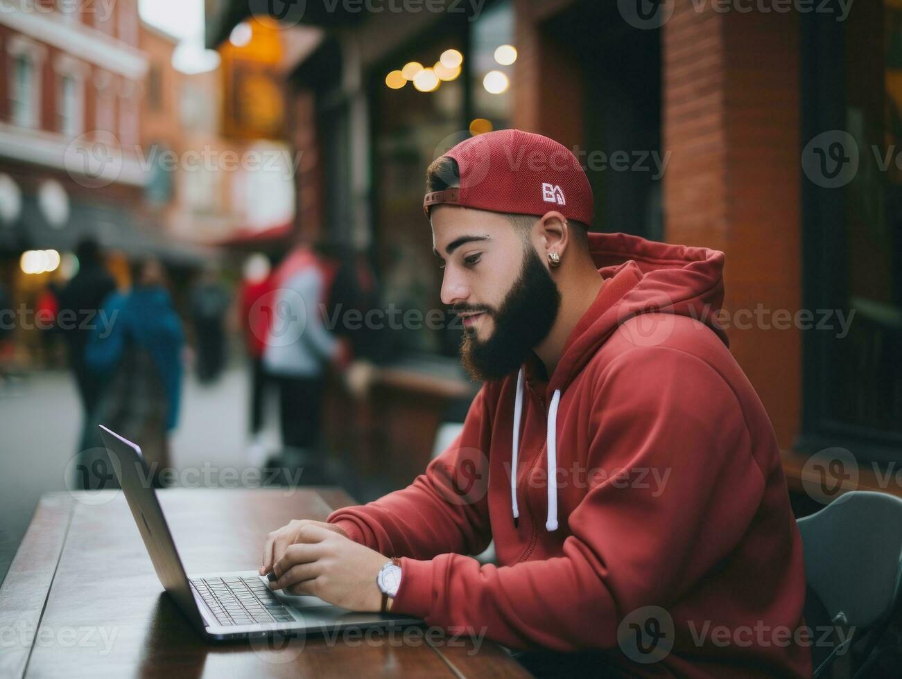 Colombian man working on a laptop in a vibrant urban setting AI Generative photo