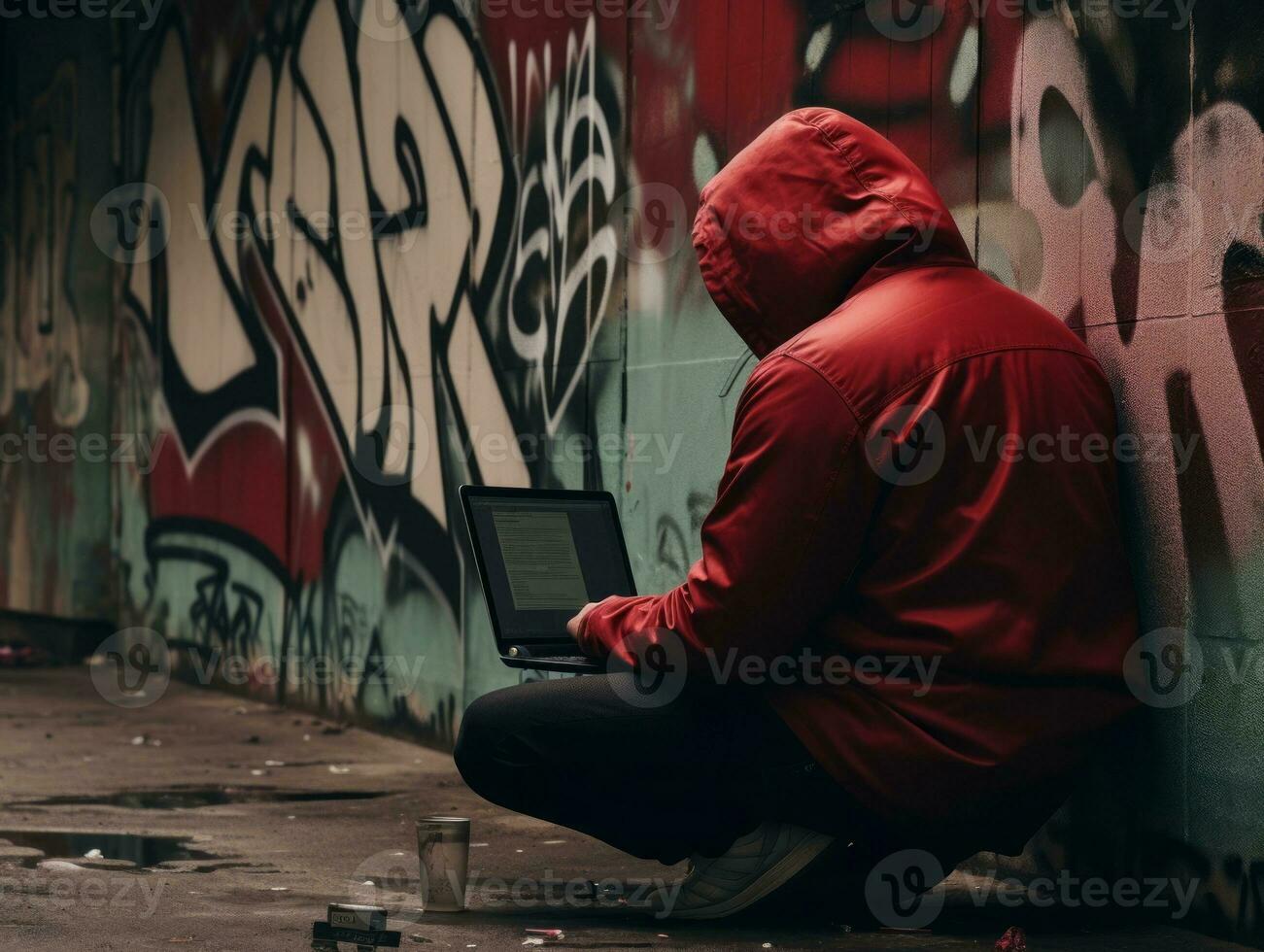 Colombian man working on a laptop in a vibrant urban setting AI Generative photo