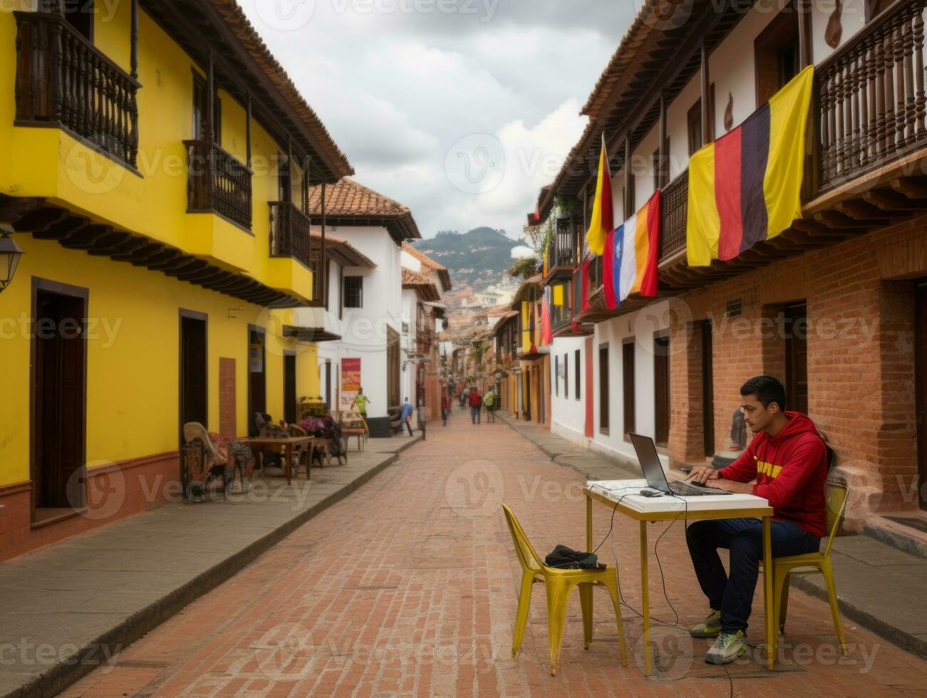 Colombian man working on a laptop in a vibrant urban setting AI Generative photo