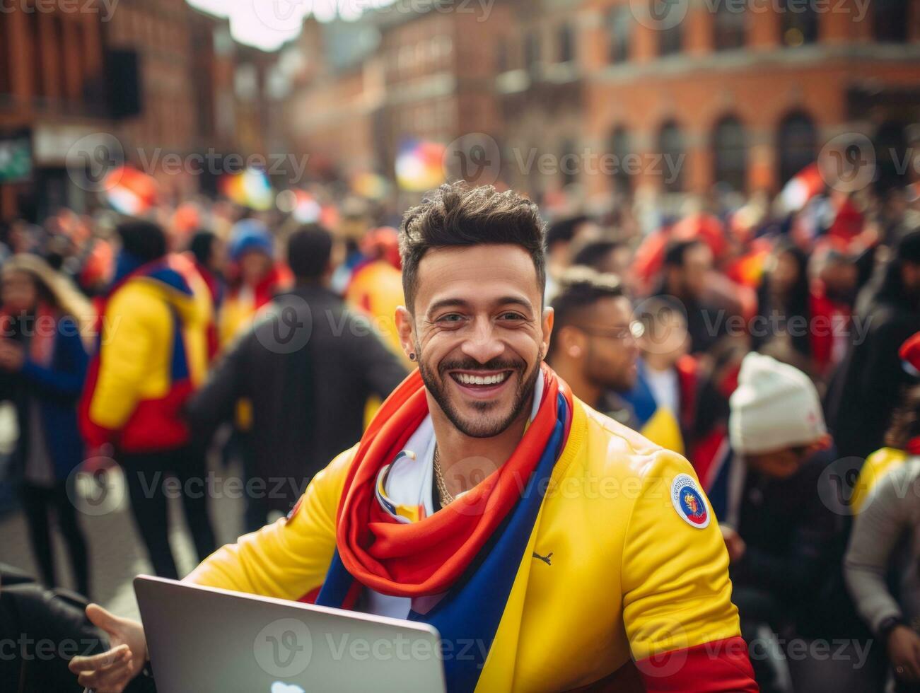 Colombian man working on a laptop in a vibrant urban setting AI Generative photo