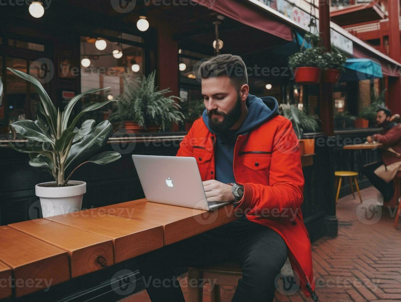 Colombian man working on a laptop in a vibrant urban setting AI Generative photo