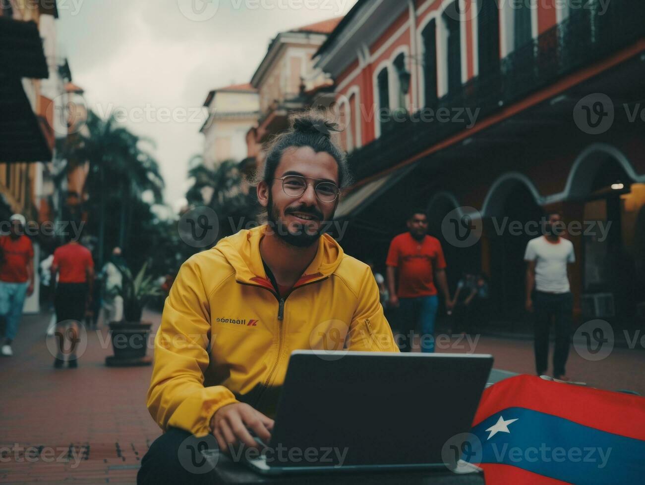 Colombian man working on a laptop in a vibrant urban setting AI Generative photo