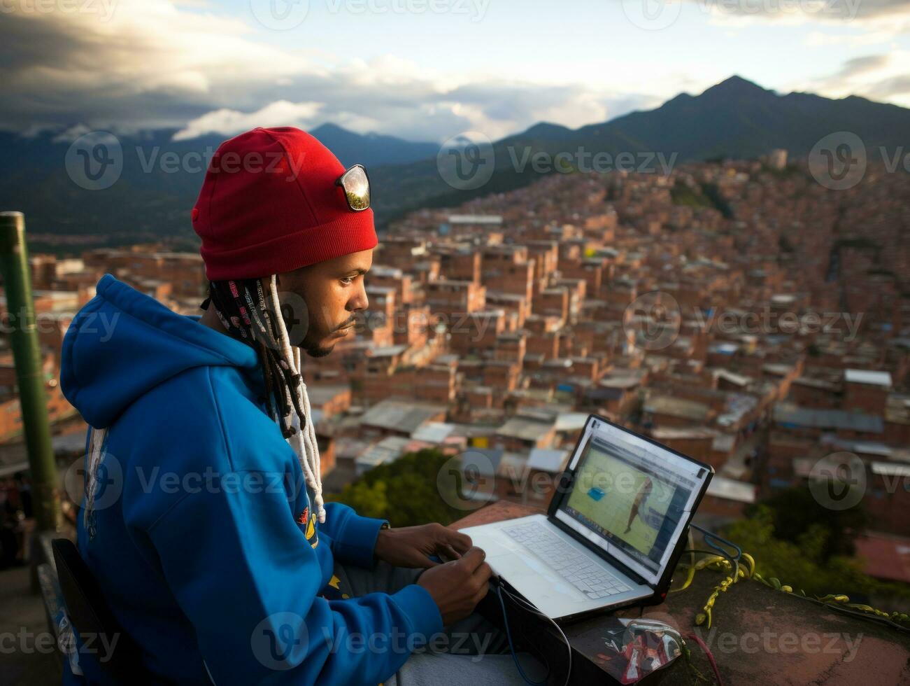 Colombian man working on a laptop in a vibrant urban setting AI Generative photo