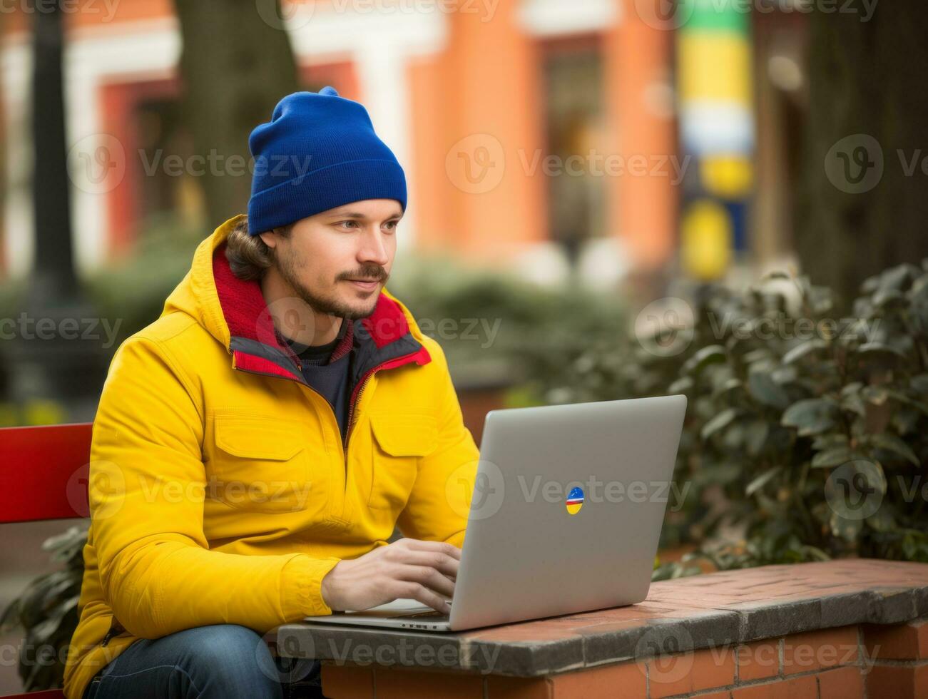 Colombian man working on a laptop in a vibrant urban setting AI Generative photo