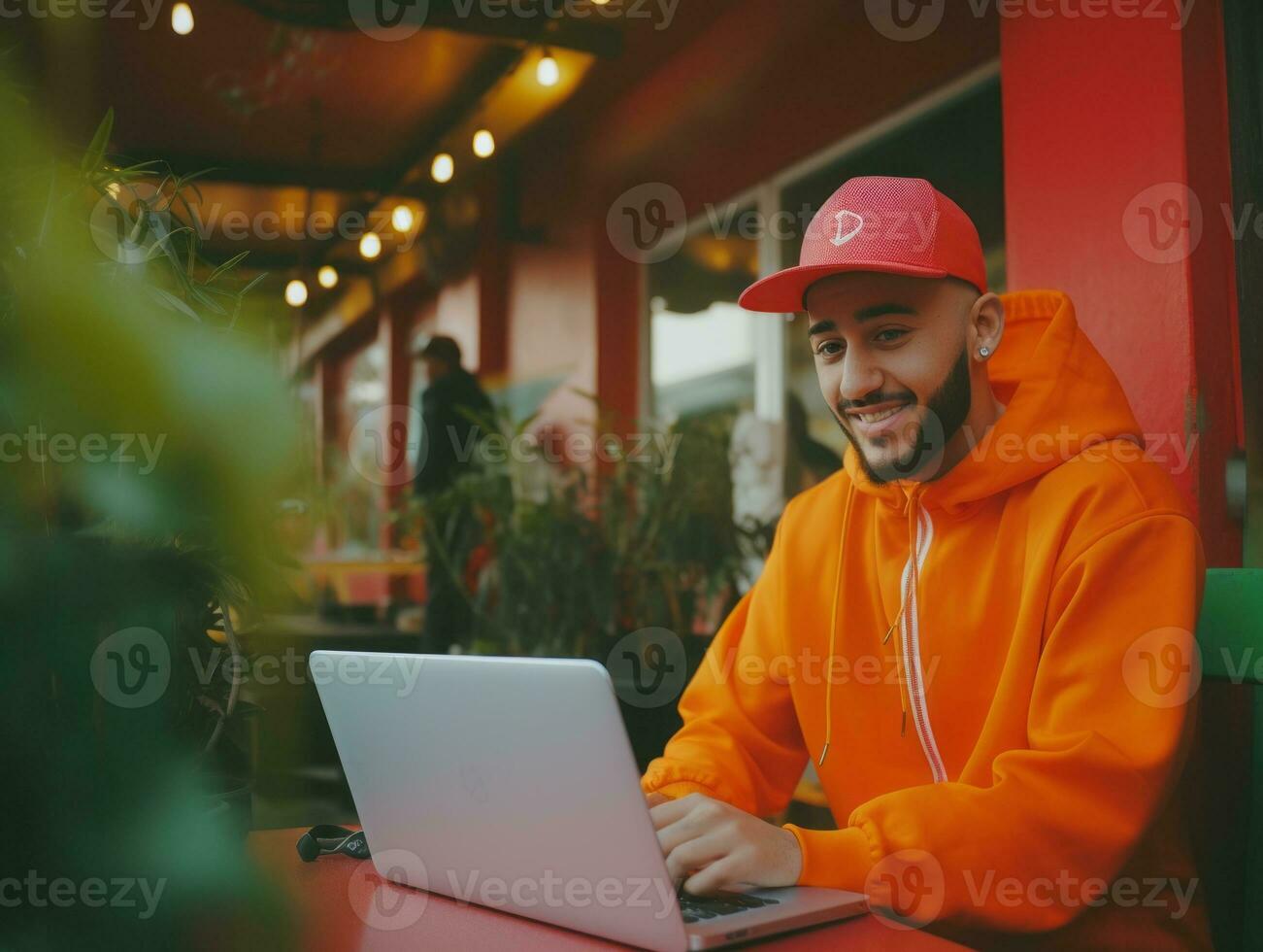 Colombian man working on a laptop in a vibrant urban setting AI Generative photo