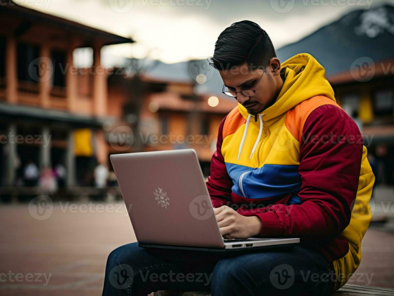 Colombian man working on a laptop in a vibrant urban setting AI Generative photo