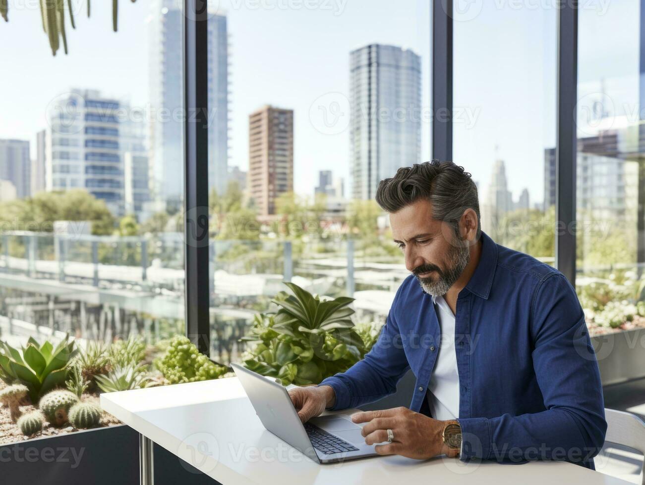 Colombian man working on a laptop in a vibrant urban setting AI Generative photo