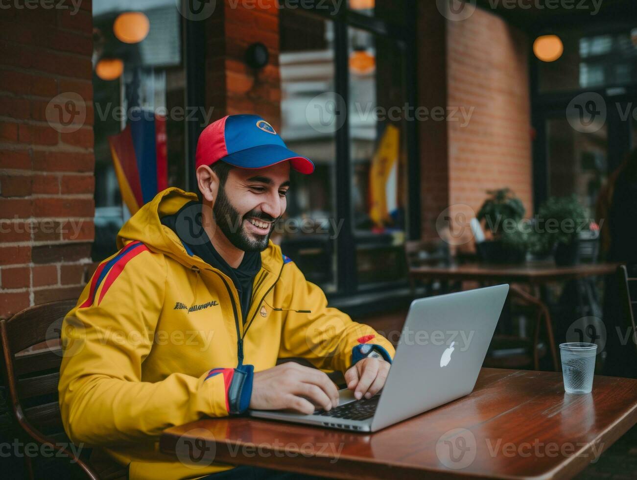 Colombian man working on a laptop in a vibrant urban setting AI Generative photo