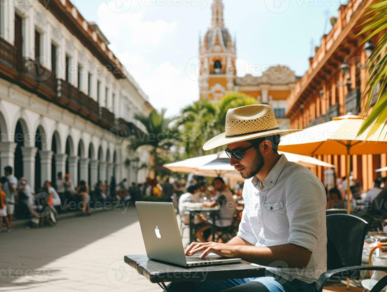 Colombian man working on a laptop in a vibrant urban setting AI Generative photo