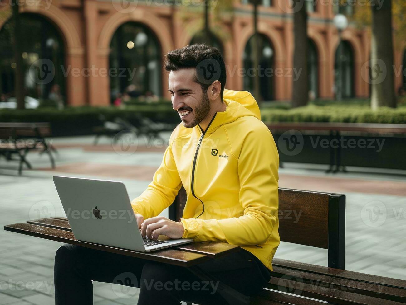 Colombian man working on a laptop in a vibrant urban setting AI Generative photo