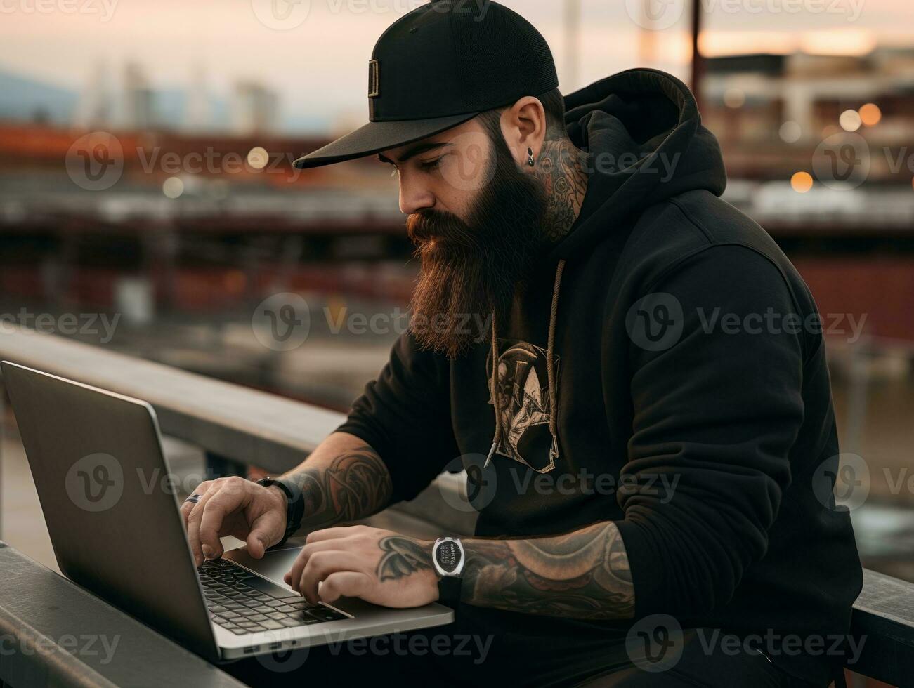 Colombian man working on a laptop in a vibrant urban setting AI Generative photo