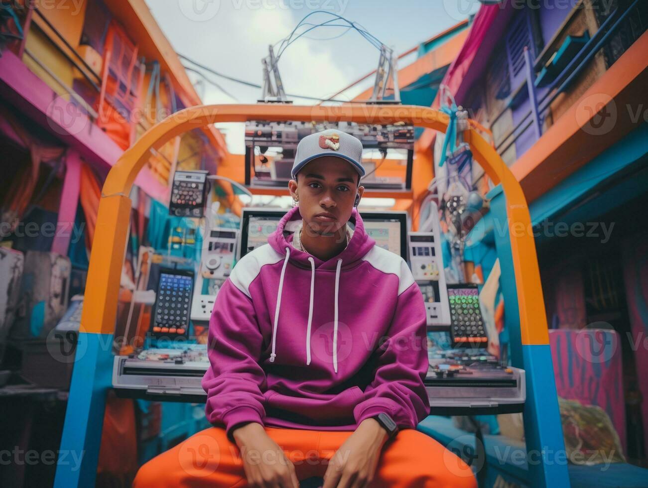 Colombian teenager working on a laptop in a vibrant urban setting AI Generative photo
