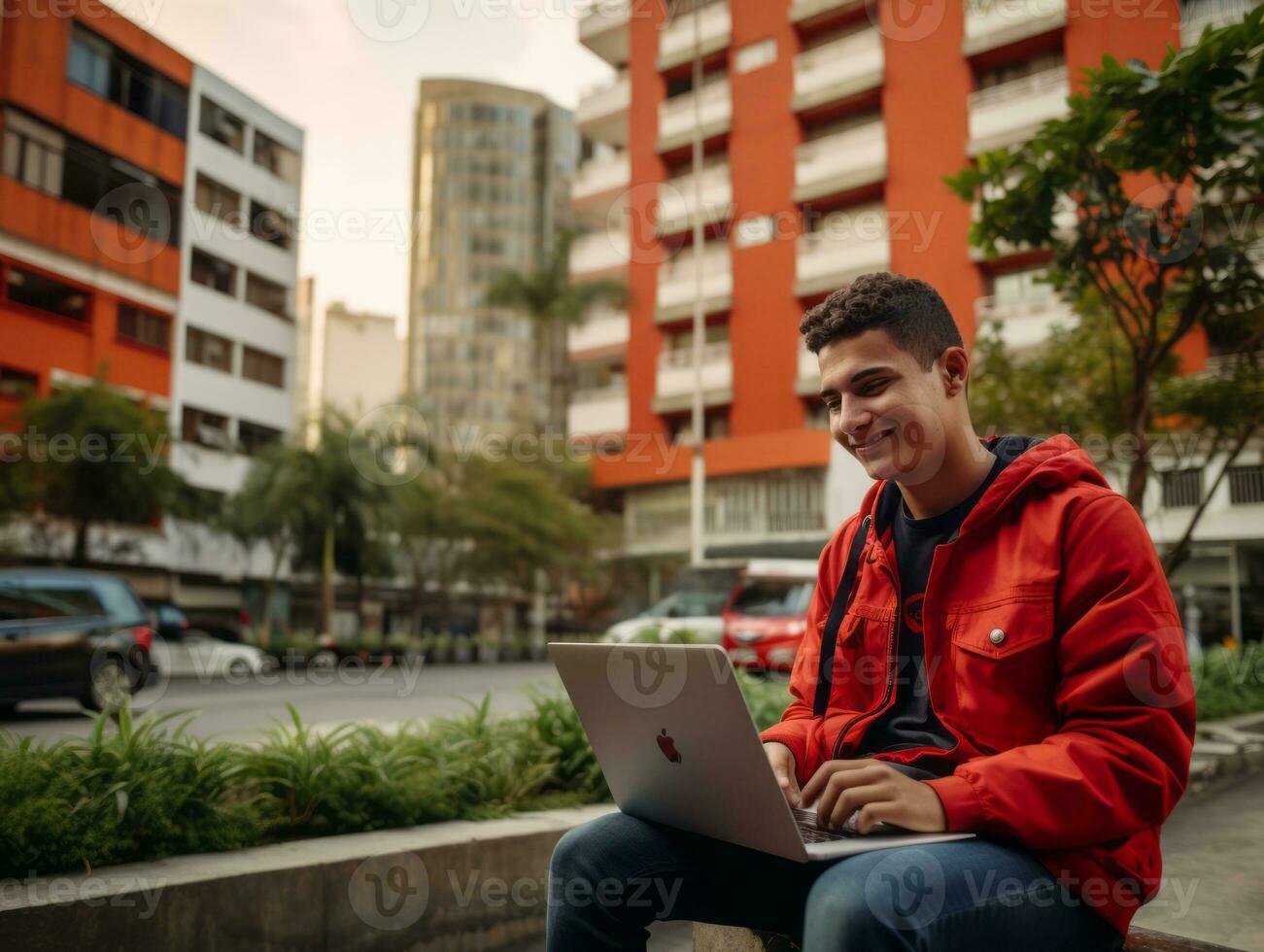 Colombiana adolescente trabajando en un ordenador portátil en un vibrante urbano ajuste ai generativo foto