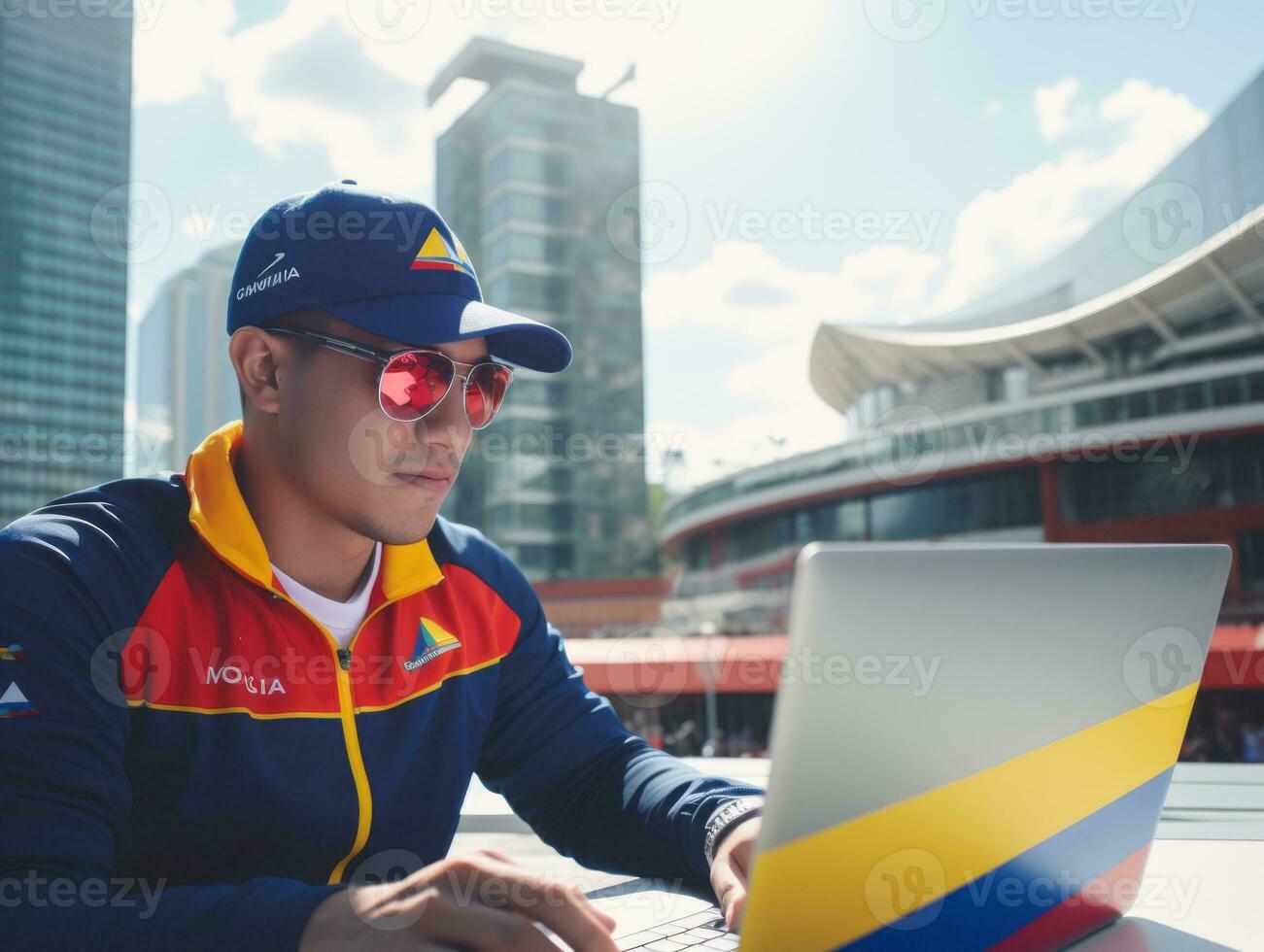 Colombiana adolescente trabajando en un ordenador portátil en un vibrante urbano ajuste ai generativo foto