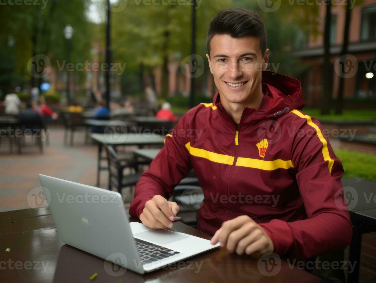 Colombian teenager working on a laptop in a vibrant urban setting AI Generative photo