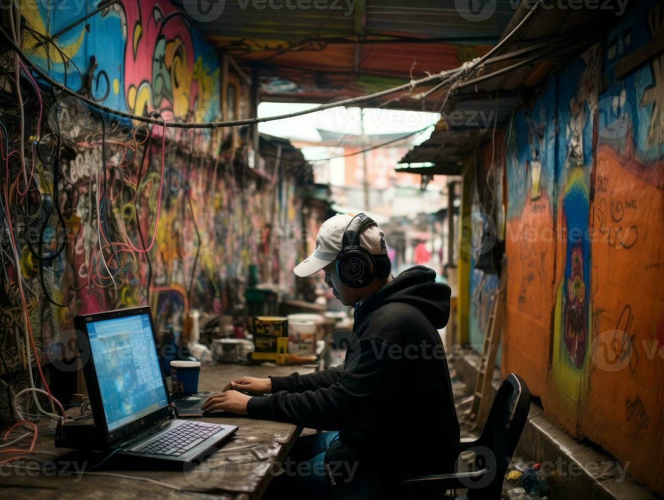 Colombian teenager working on a laptop in a vibrant urban setting AI Generative photo