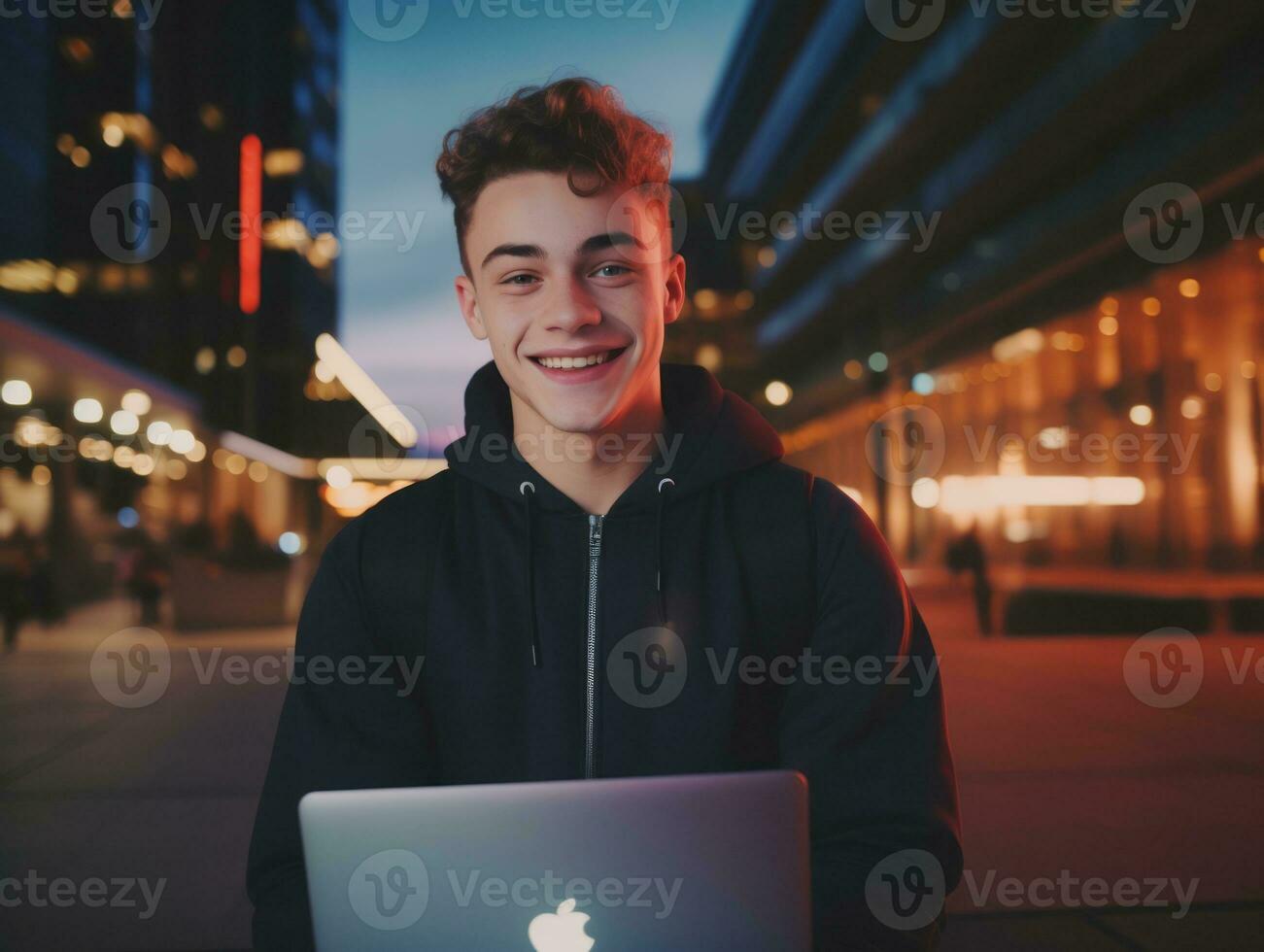 Colombian teenager working on a laptop in a vibrant urban setting AI Generative photo