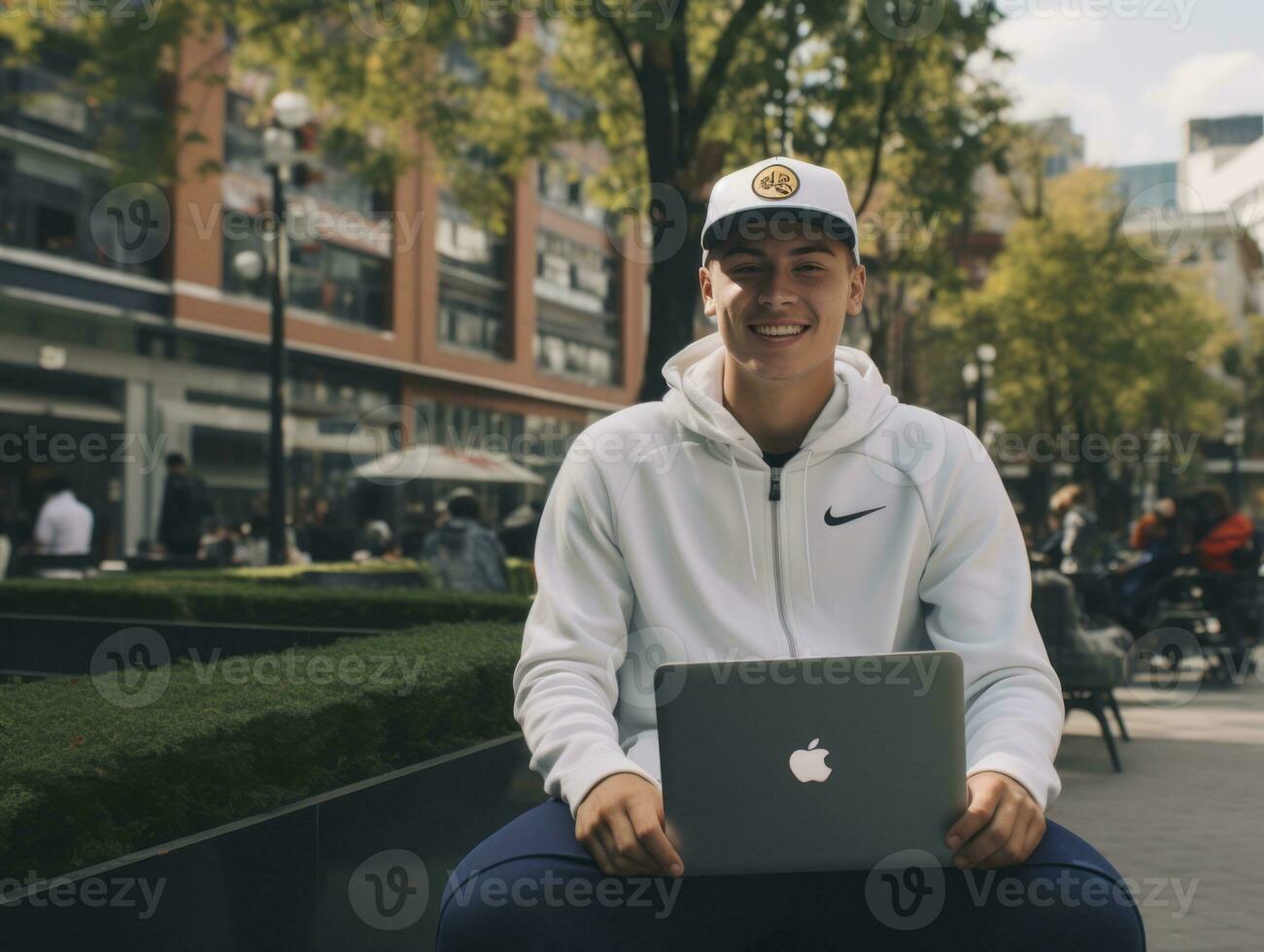 Colombian teenager working on a laptop in a vibrant urban setting AI Generative photo