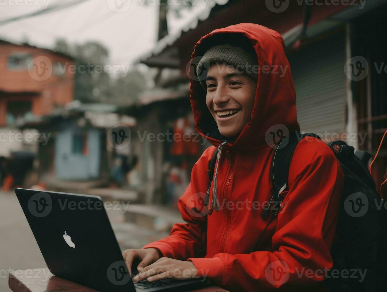 Colombian teenager working on a laptop in a vibrant urban setting AI Generative photo