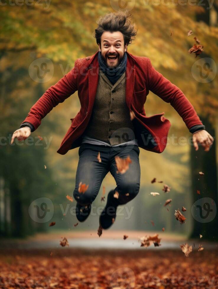 European man in emotional dynamic pose on autumn background AI Generative photo