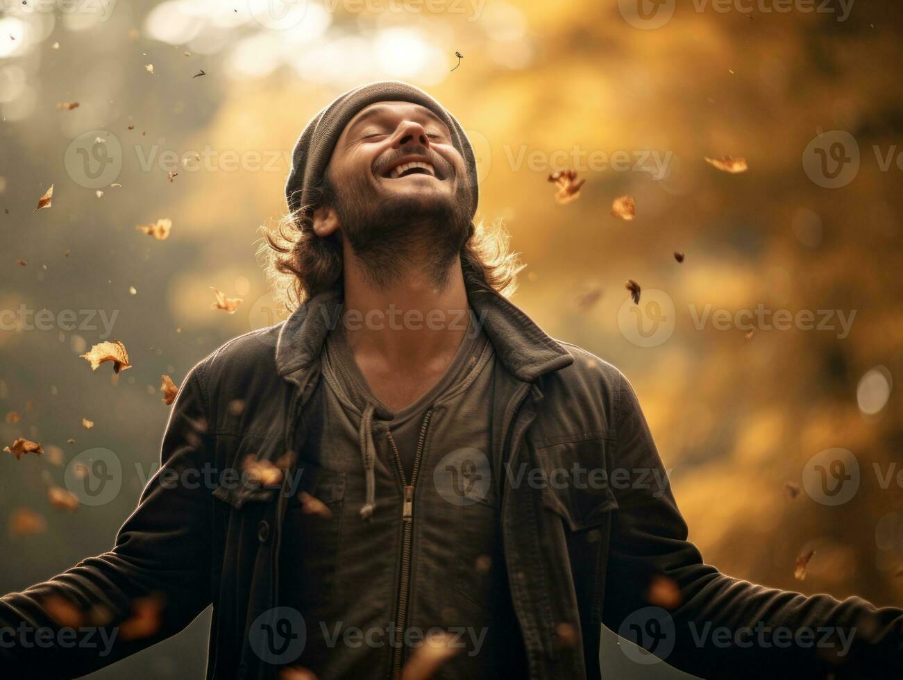 European man in emotional dynamic pose on autumn background AI Generative photo