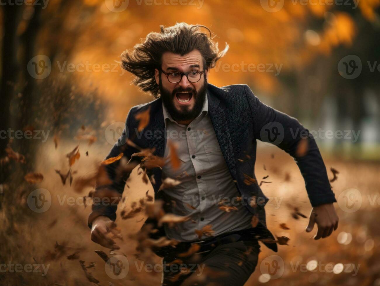 European man in emotional dynamic pose on autumn background AI Generative photo