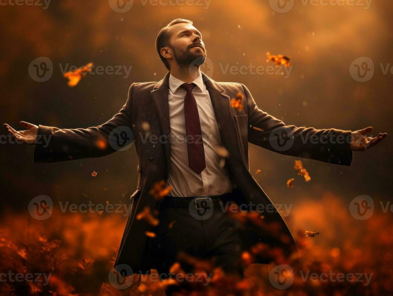 European man in emotional dynamic pose on autumn background AI Generative photo