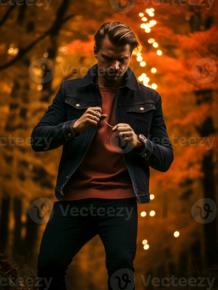 European man in emotional dynamic pose on autumn background AI Generative photo