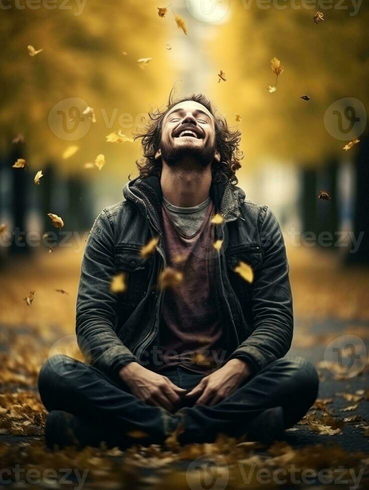 European man in emotional dynamic pose on autumn background AI Generative photo
