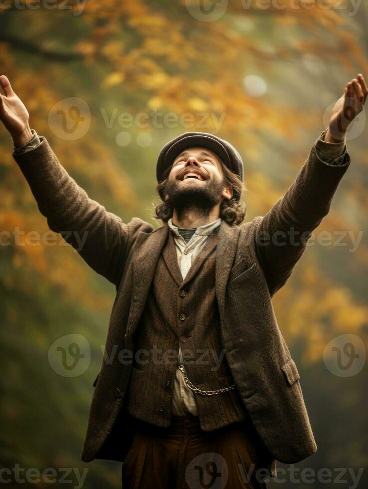 European man in emotional dynamic pose on autumn background AI Generative photo