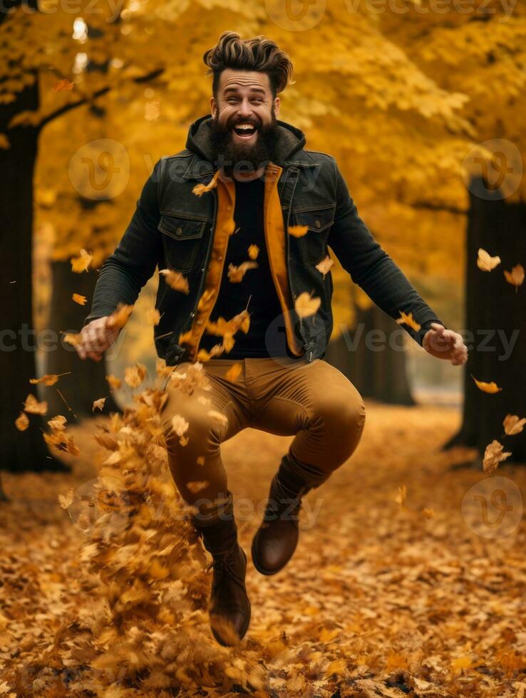 European man in emotional dynamic pose on autumn background AI Generative photo