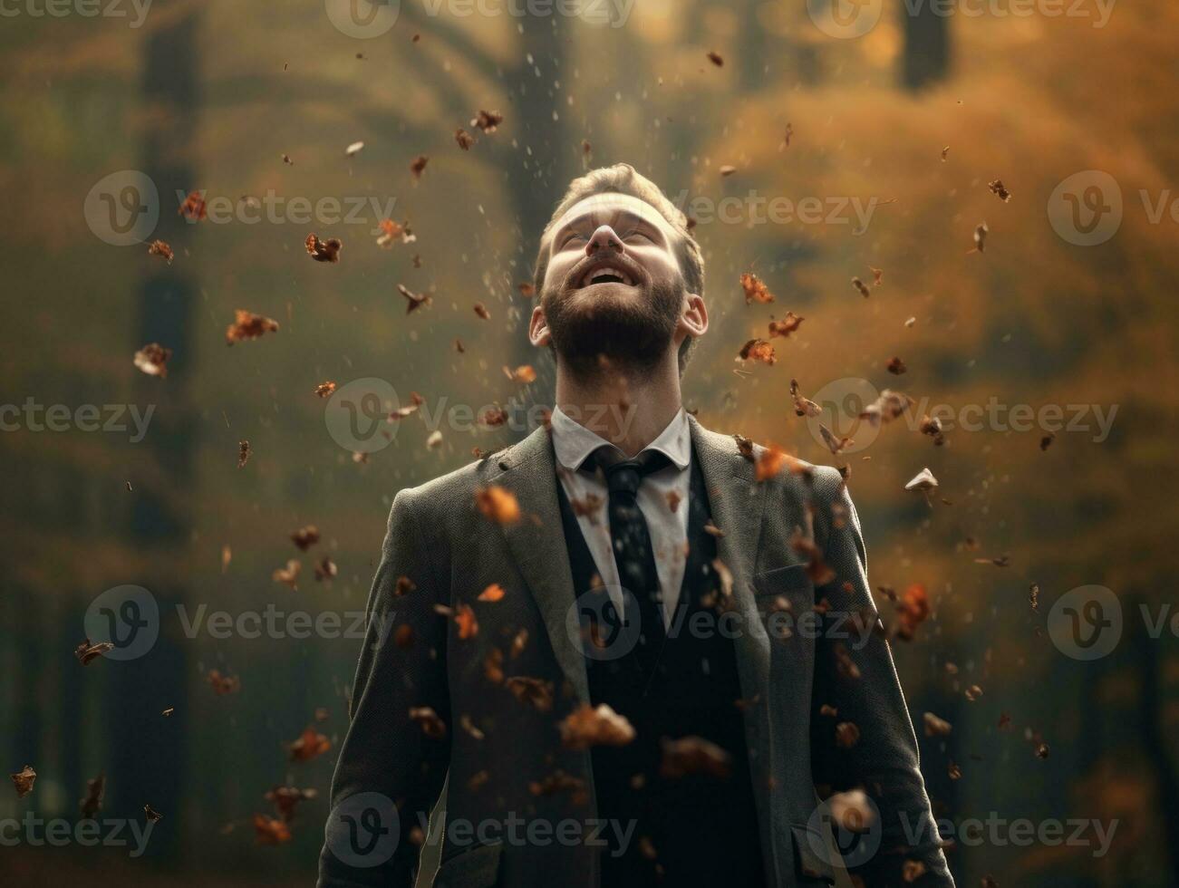 European man in emotional dynamic pose on autumn background AI Generative photo