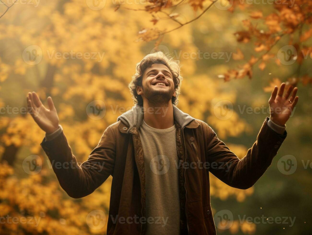 European man in emotional dynamic pose on autumn background AI Generative photo