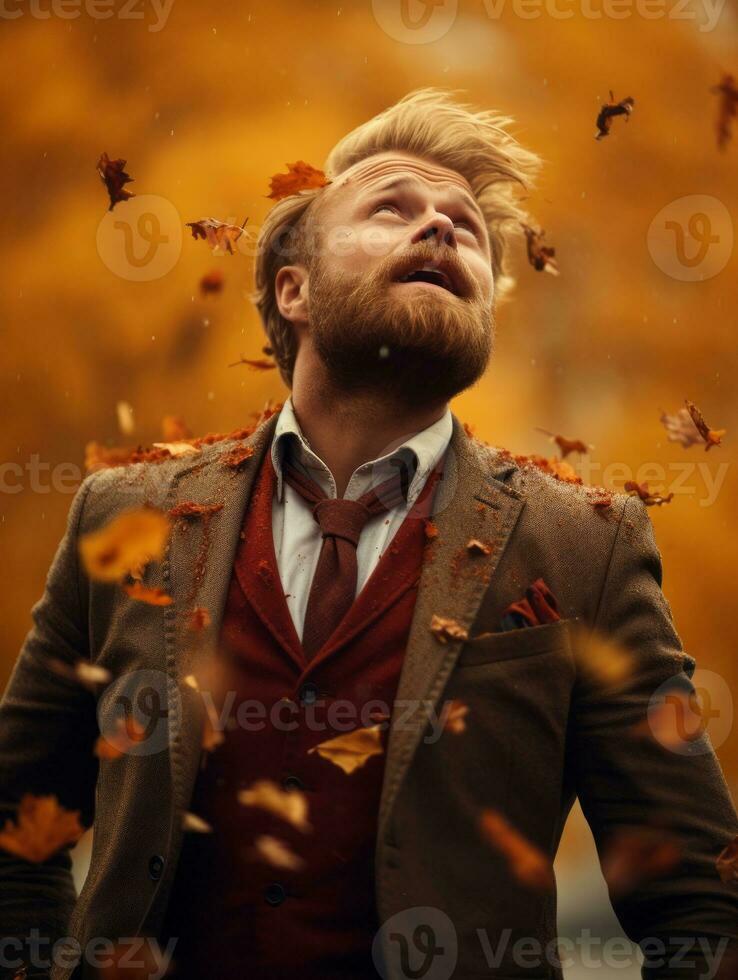 European man in emotional dynamic pose on autumn background AI Generative photo