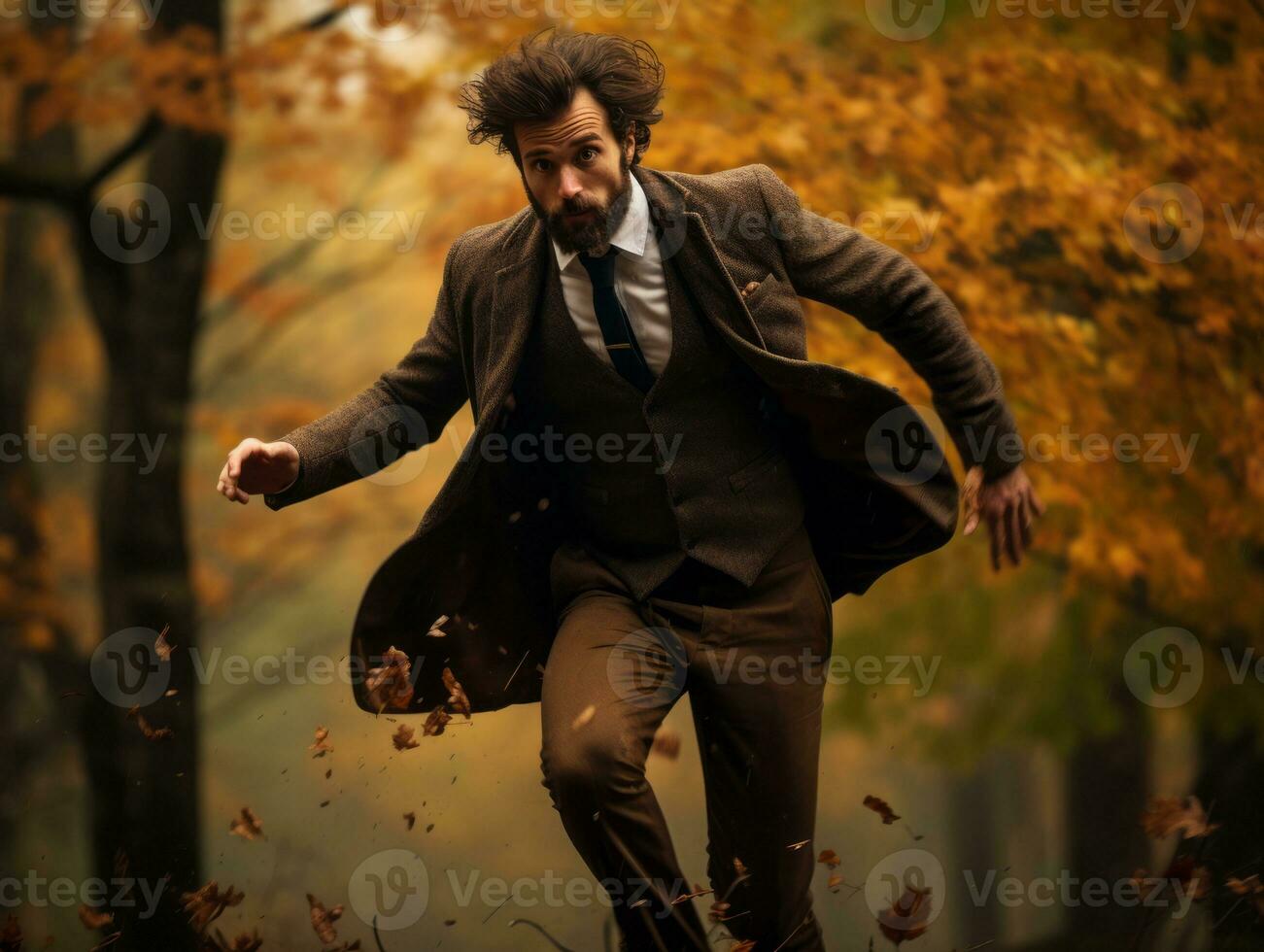 European man in emotional dynamic pose on autumn background AI Generative photo