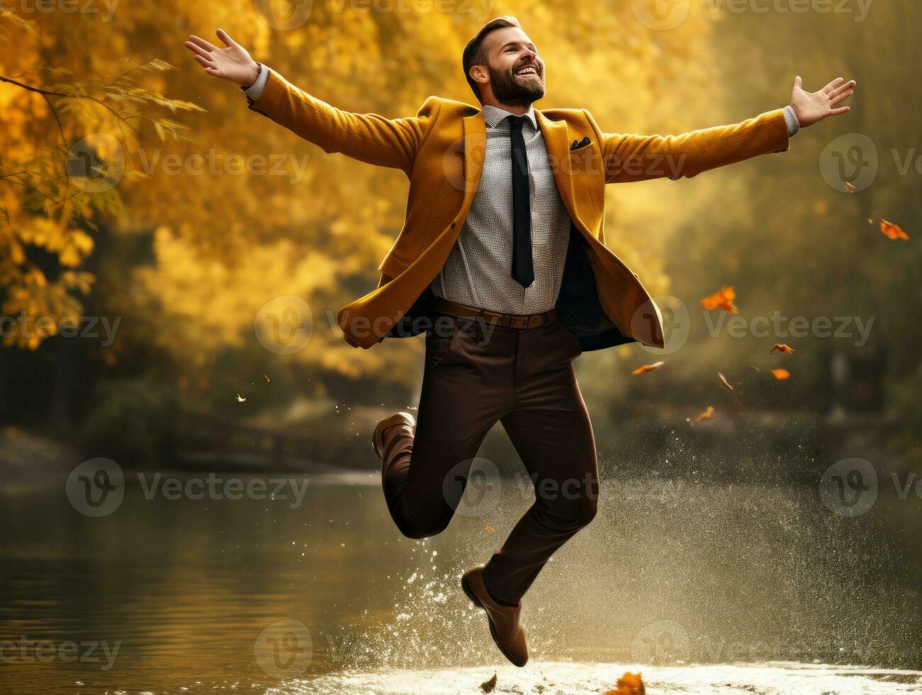 European man in emotional dynamic pose on autumn background AI Generative photo