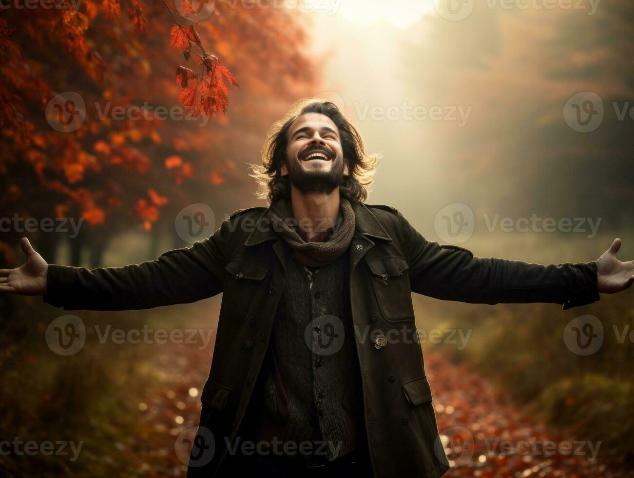 European man in emotional dynamic pose on autumn background AI Generative photo