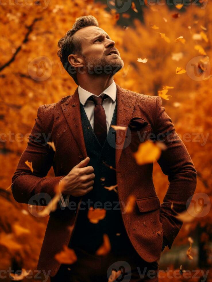 European man in emotional dynamic pose on autumn background AI Generative photo