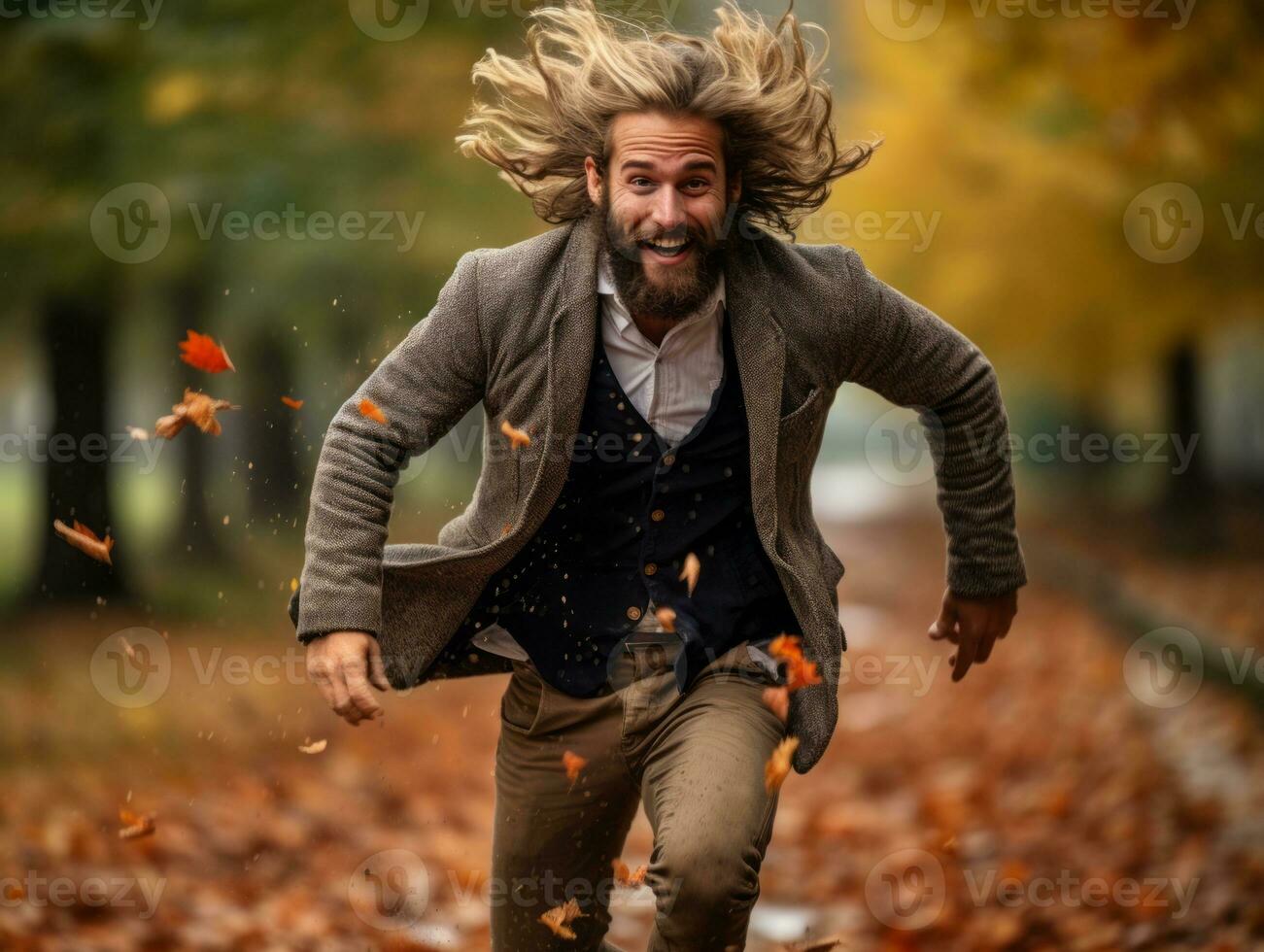 European man in emotional dynamic pose on autumn background AI Generative photo