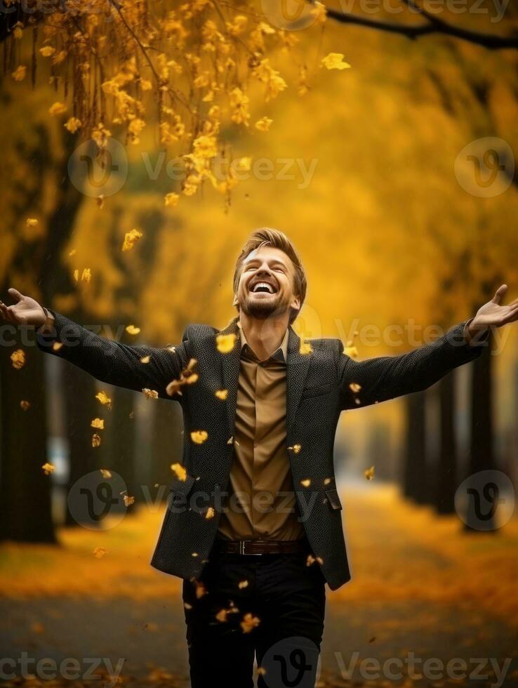 European man in emotional dynamic pose on autumn background AI Generative photo