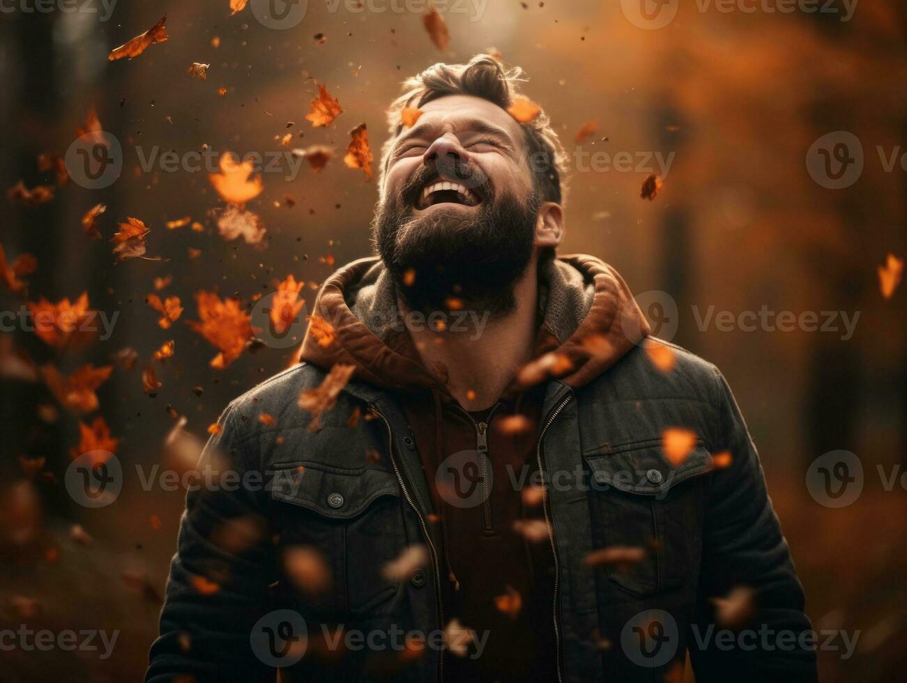 European man in emotional dynamic pose on autumn background AI Generative photo