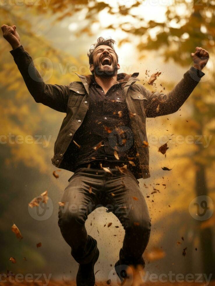 European man in emotional dynamic pose on autumn background AI Generative photo