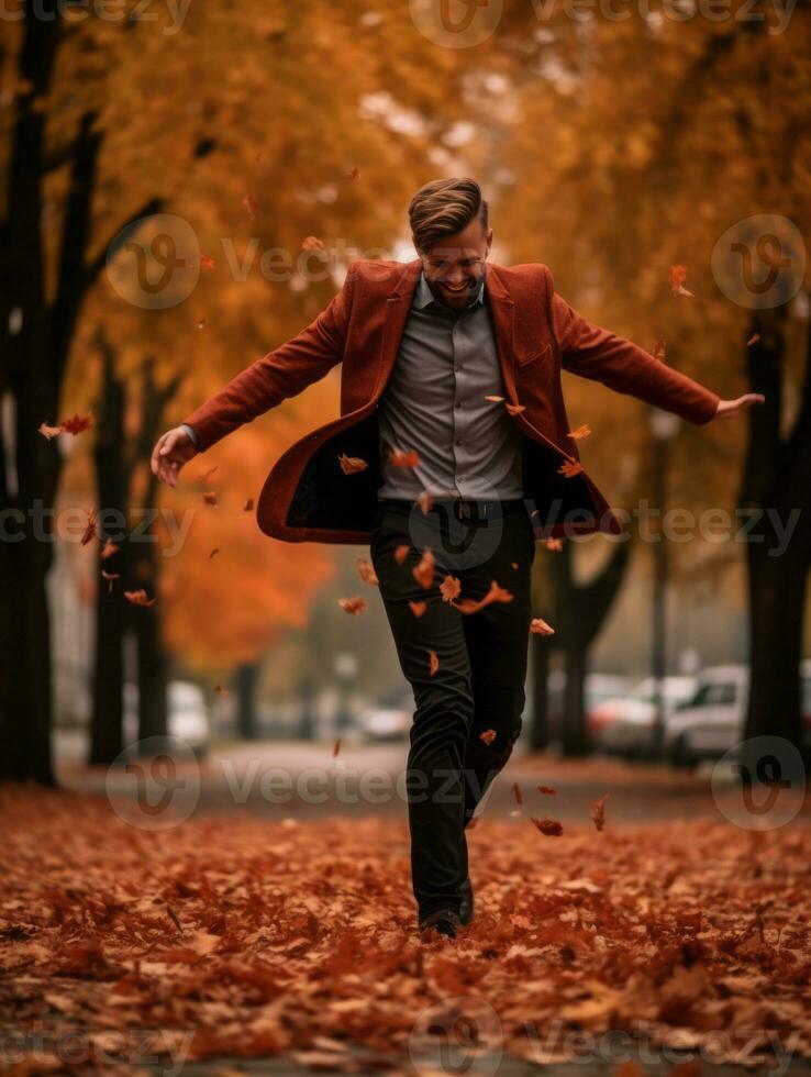 European man in emotional dynamic pose on autumn background AI Generative photo