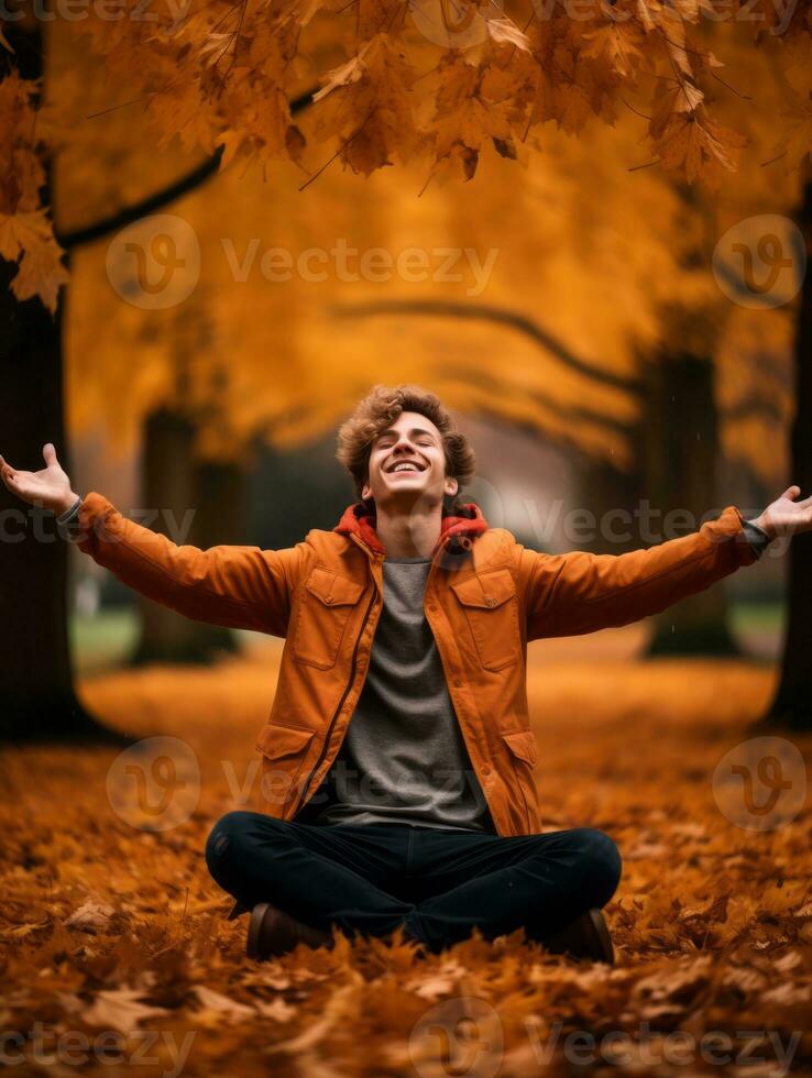 European man in emotional dynamic pose on autumn background AI Generative photo