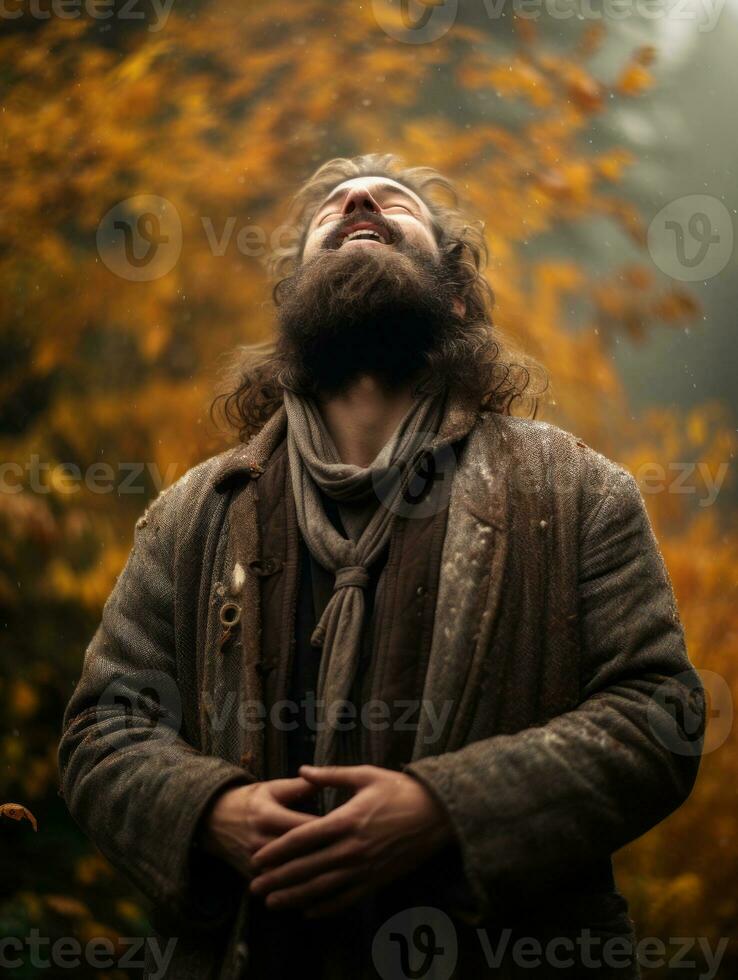 European man in emotional dynamic pose on autumn background AI Generative photo