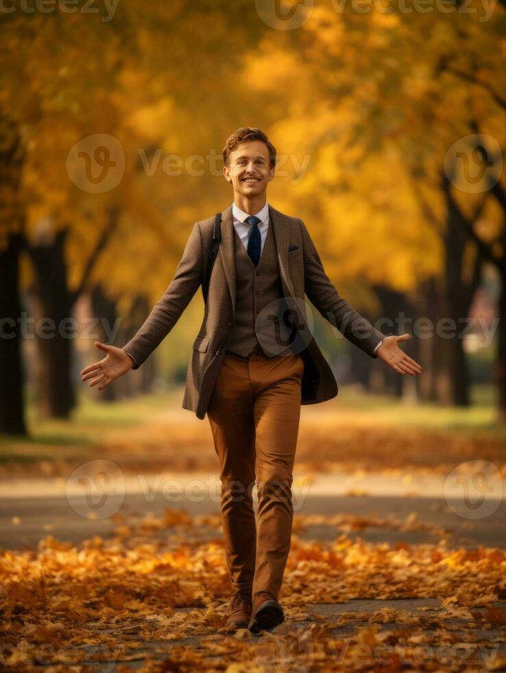 European man in emotional dynamic pose on autumn background AI Generative photo
