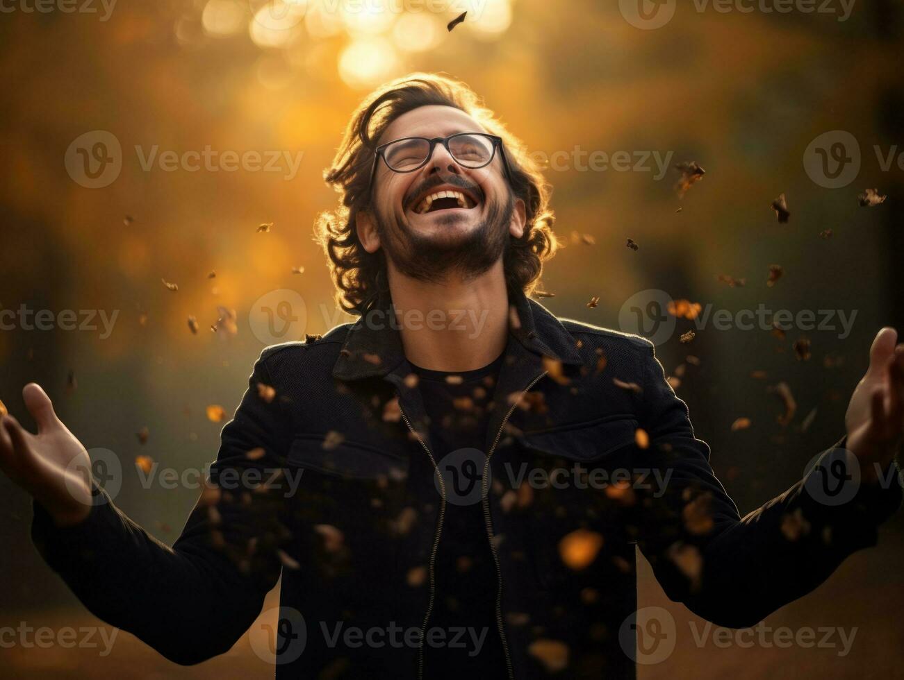 European man in emotional dynamic pose on autumn background AI Generative photo