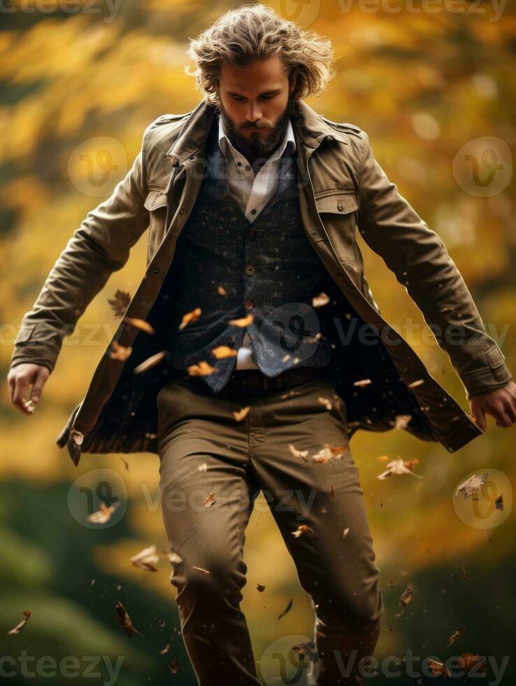 European man in emotional dynamic pose on autumn background AI Generative photo