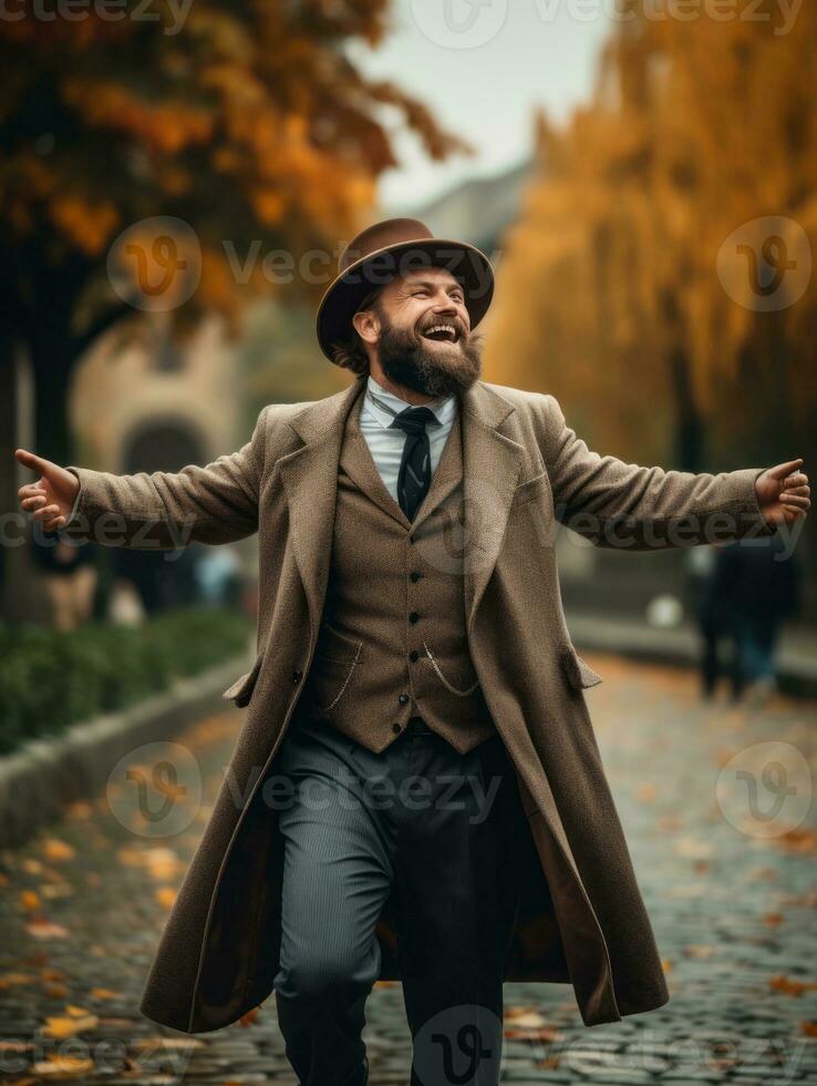 europeo hombre en emocional dinámica actitud en otoño antecedentes ai generativo foto