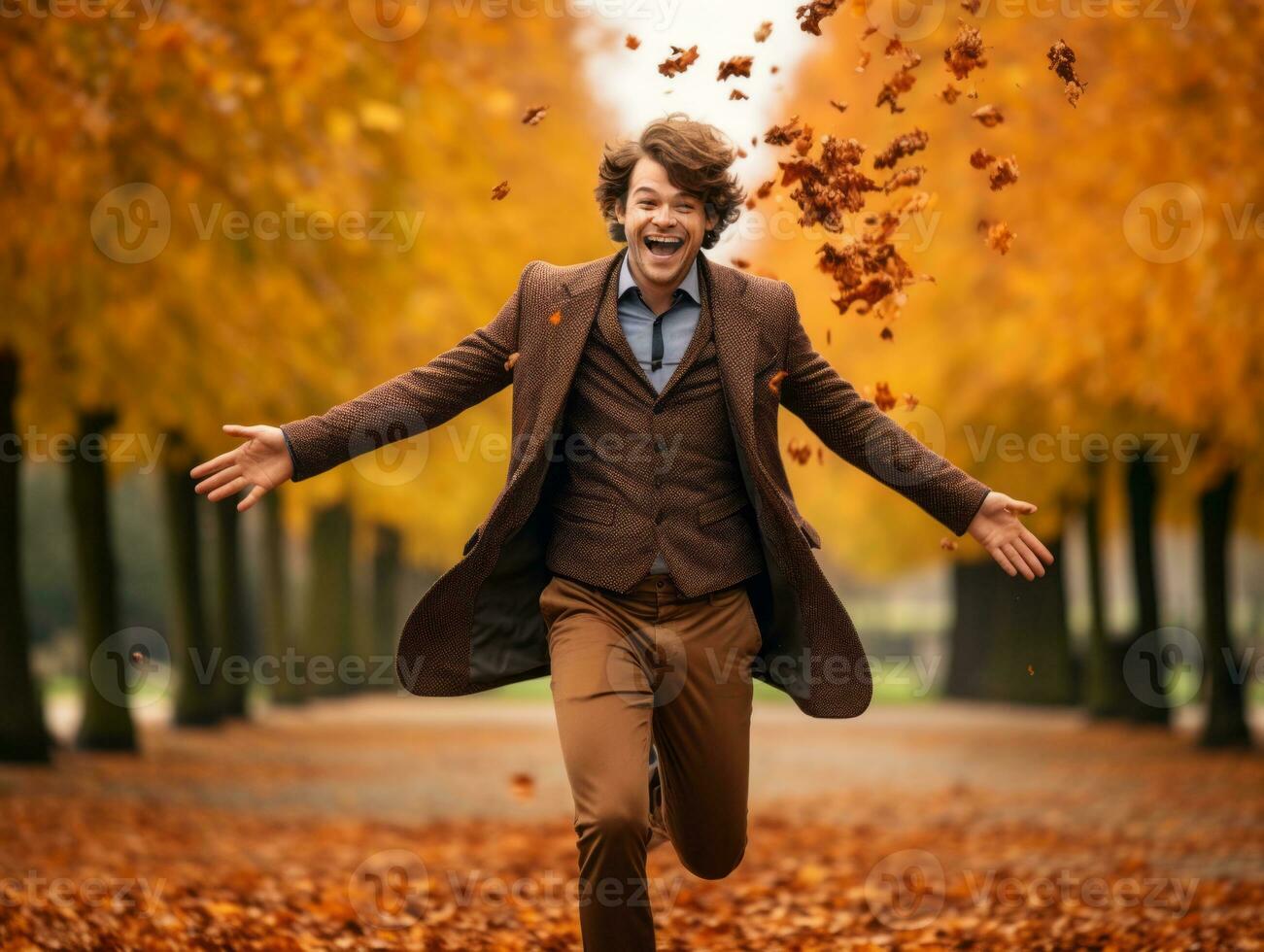European man in emotional dynamic pose on autumn background AI Generative photo